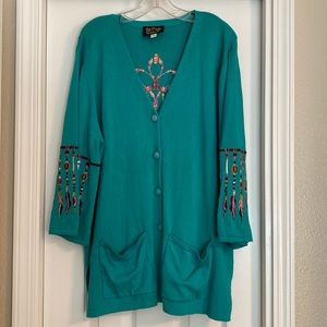 Bob Mackie XL Turquoise Embroidered Feather Dream Catcher Cardigan